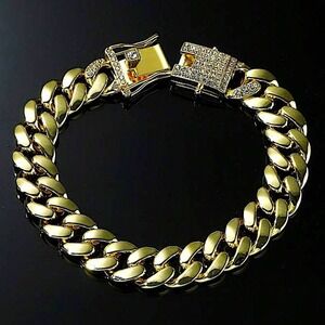 Gold Chain Link Bracelet, Cuban, Rhinestone Closure